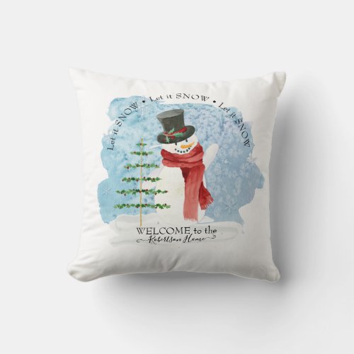 Christmas Watercolor Frosty Snowman Let it Snow Throw Pillow