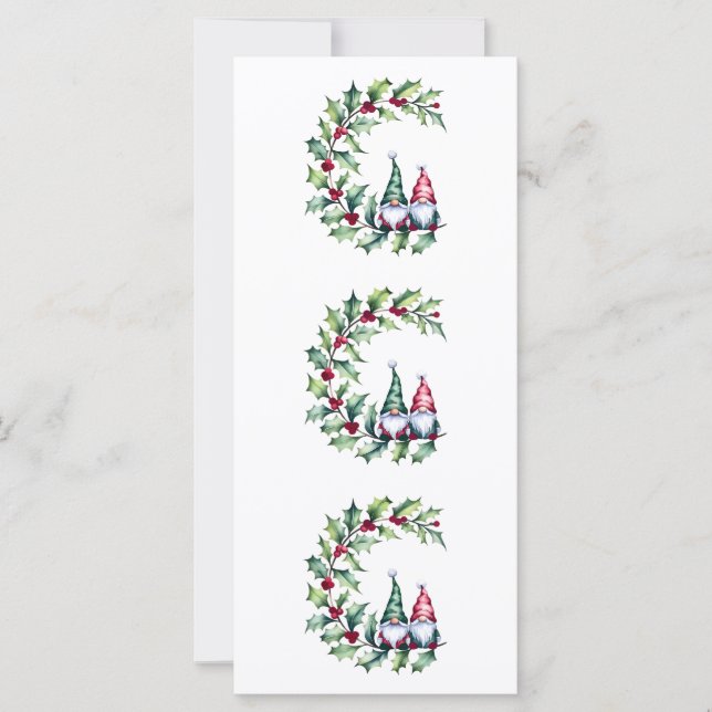 Christmas Watercolor Gnomes Sitting On Holly Twig  (Front)