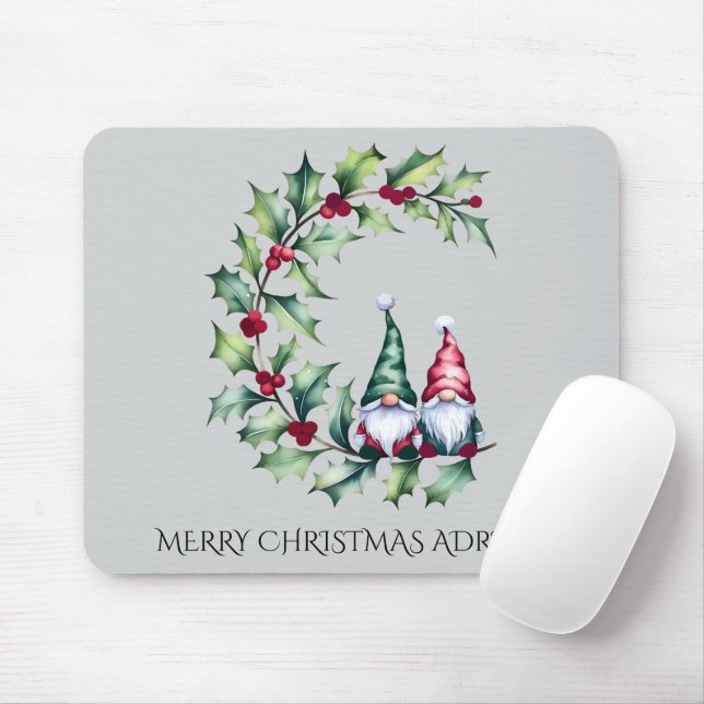 Christmas Watercolor Gnomes Sitting on Holly Twig Mouse Pad (With Mouse)