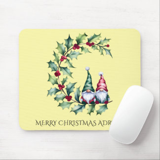 Christmas Watercolor Gnomes Sitting on Holly Twig Mouse Pad
