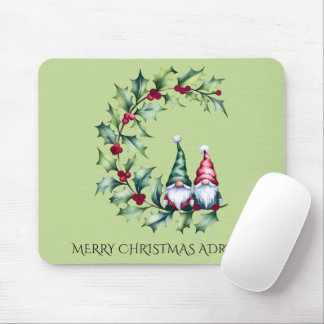 Christmas Watercolor Gnomes Sitting on Holly Twig Mouse Pad