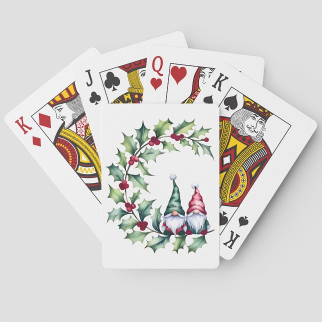 Christmas Watercolor Gnomes Sitting On Holly Twig Poker Cards (Back)