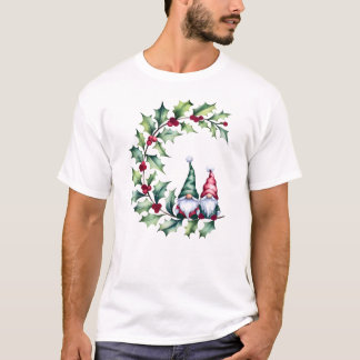 Christmas Watercolor Gnomes Sitting On Holly Twig T-Shirt