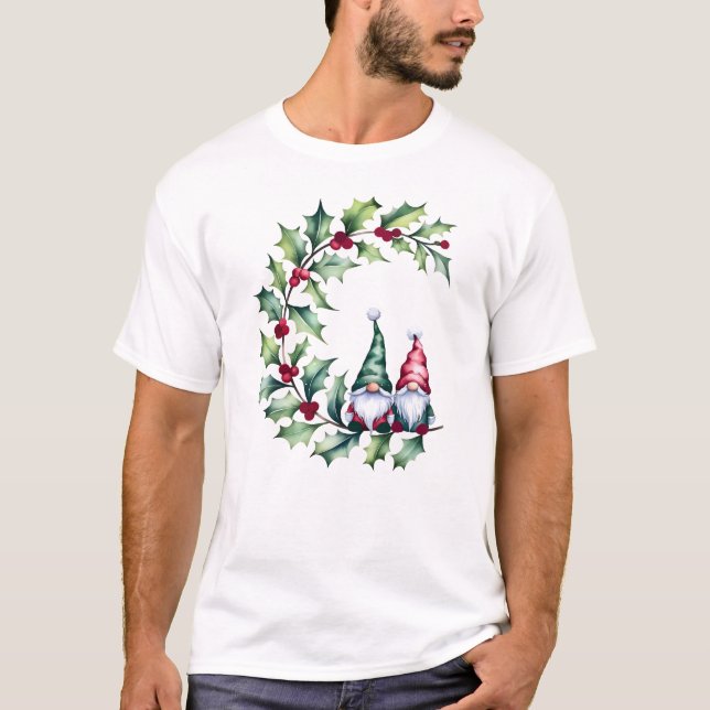 Christmas Watercolor Gnomes Sitting On Holly Twig T-Shirt (Front)