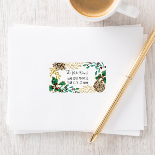 Christmas Watercolor Gold Pine Cone Greenery Label