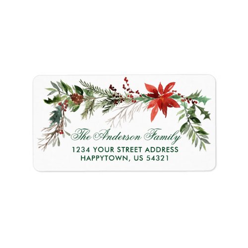 Christmas Watercolor Green Pines Poinsettia Label