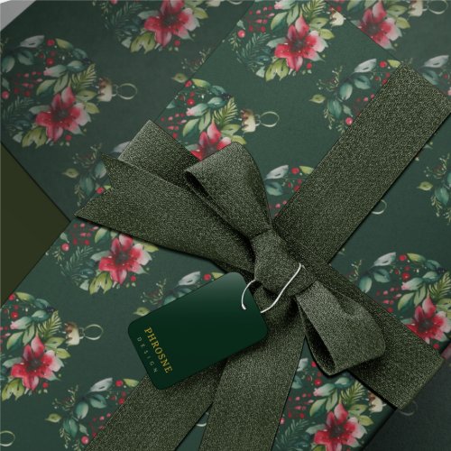 Christmas Watercolor Green Tree Poinsettia Bobble Wrapping Paper