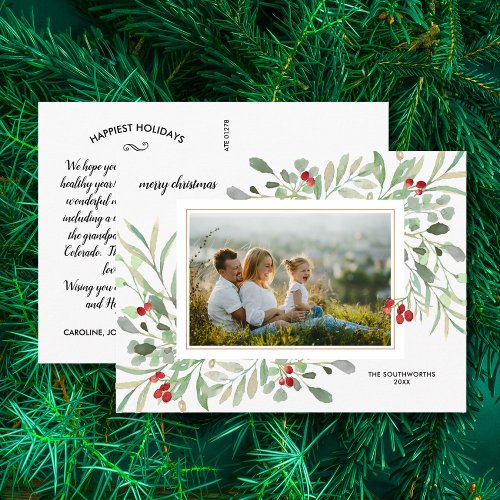 Christmas Watercolor Greenery Berries Family Photo Postcard