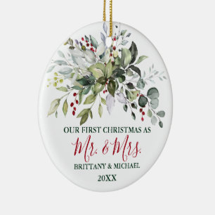 Christmas Watercolor Greenery Berries PHOTO BACK Ceramic Ornament
