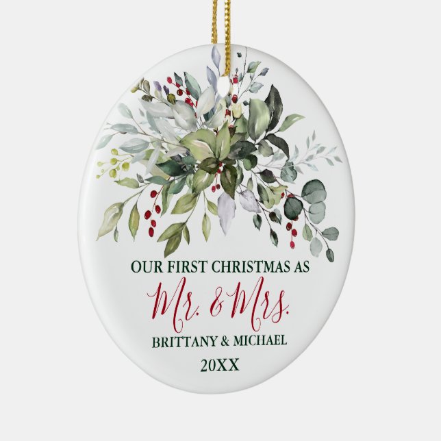 Christmas Watercolor Greenery Berries PHOTO BACK Ceramic Ornament (Right)