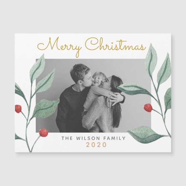 Christmas Watercolor Greenery & Berry Family photo (Front)