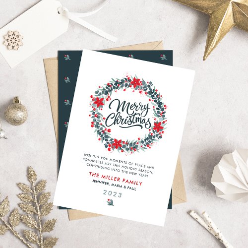 Christmas Watercolor Greenery Berry Wreath Script Holiday Card