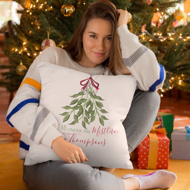 Christmas Watercolor Greenery Cute Merry Mistletoe Throw Pillow (Meet me under the mistletoe holiday throw pillow.)
