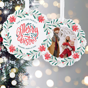 Christmas Watercolor Greenery Floral Wreath Photo Ornament Card