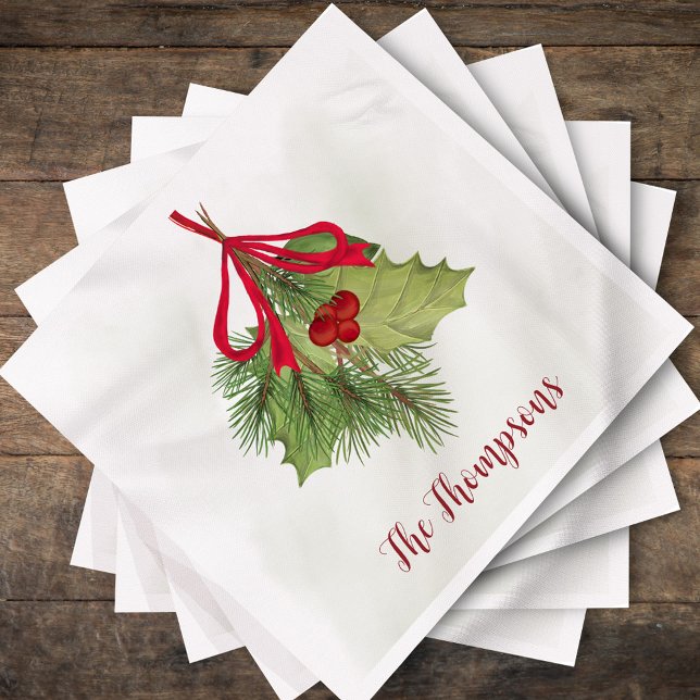 Christmas Watercolor Greenery Holiday Holly Berry Napkins (Christmas holiday watercolor greenery and red holly berries. )