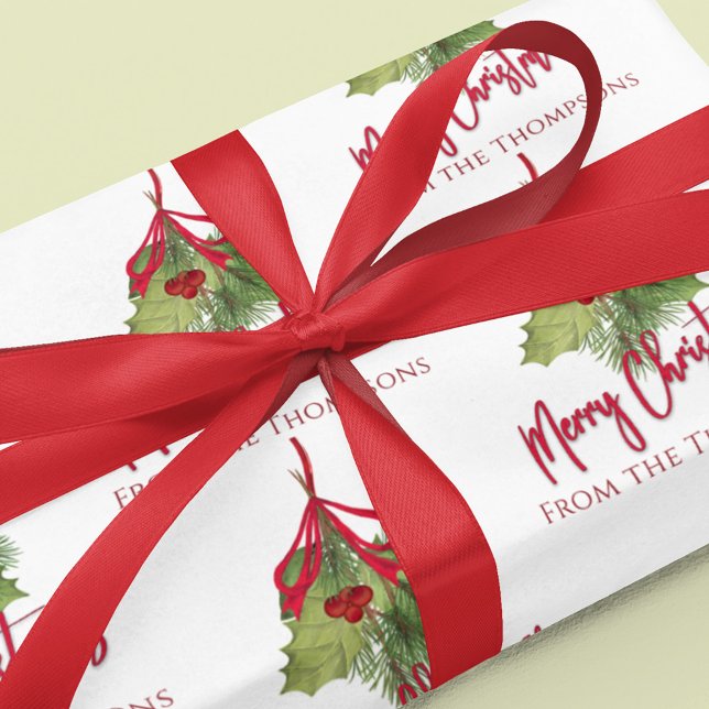 Christmas Watercolor Greenery Red Calligraphy Wrapping Paper (Merry Christmas holiday watercolor greenery wrapping paper roll.)