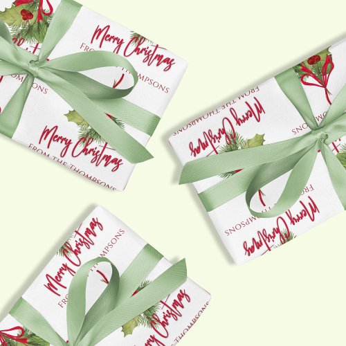 Christmas Watercolor Greenery Red Calligraphy Wrapping Paper Sheets