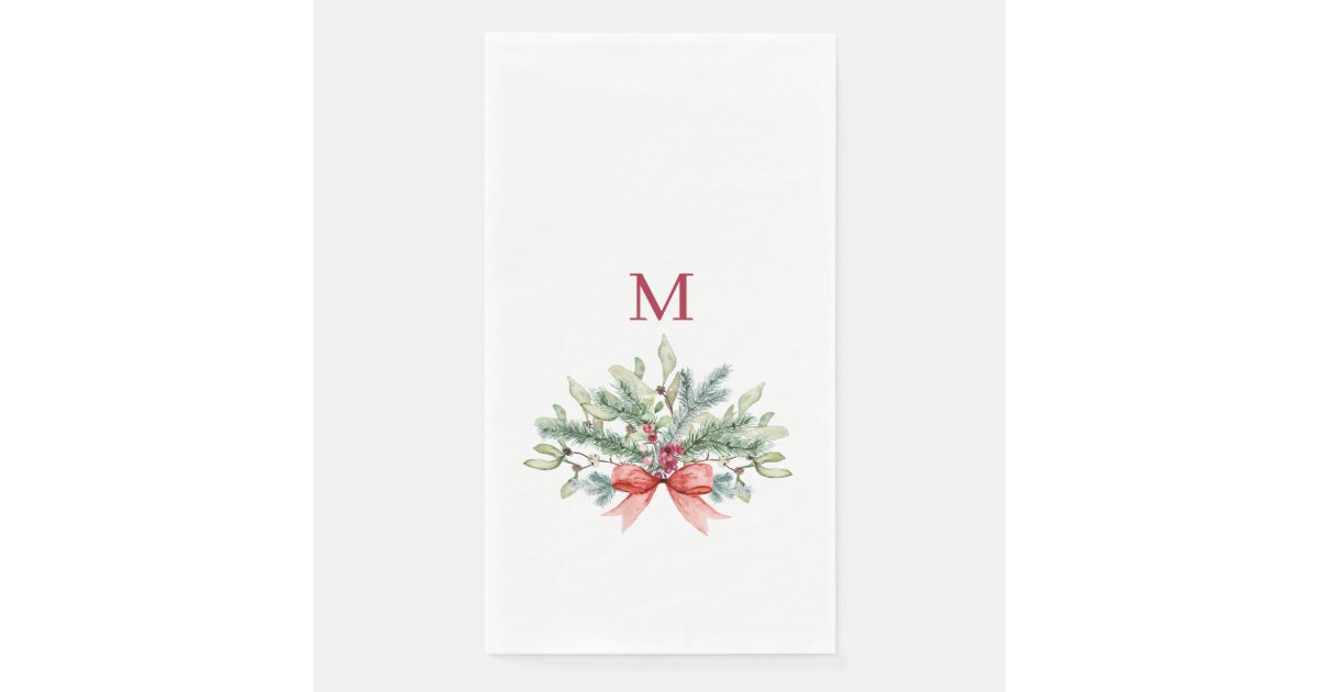 Christmas Watercolor Greenery Red Monogram Paper Guest Towels Zazzle