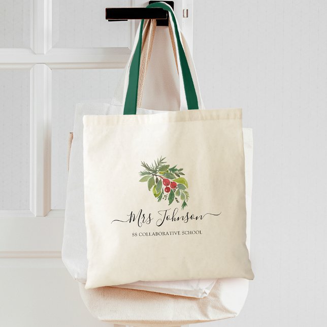Christmas Watercolor Greenery Teachers Tote Bag (Christmas Watercolor Greenery Teachers Tote Bag)