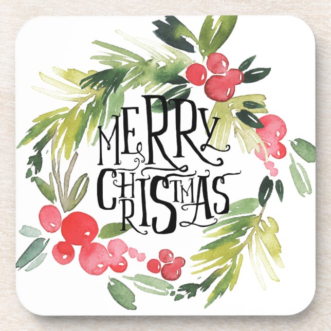 Christmas | Watercolor - Holiday Holly Wreath Beverage Coaster (Front)