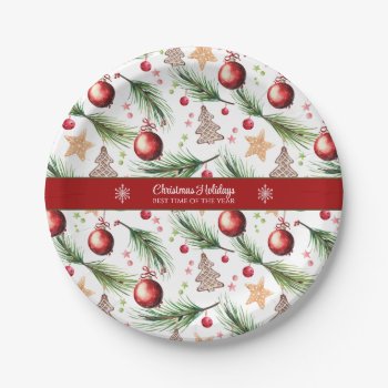 Christmas Watercolor Holidays Decoration Pattern Paper Plates by ChristmaSpirit at Zazzle