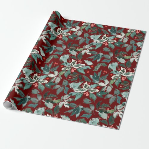 Christmas Watercolor Holly Berries Branch Holiday Wrapping Paper