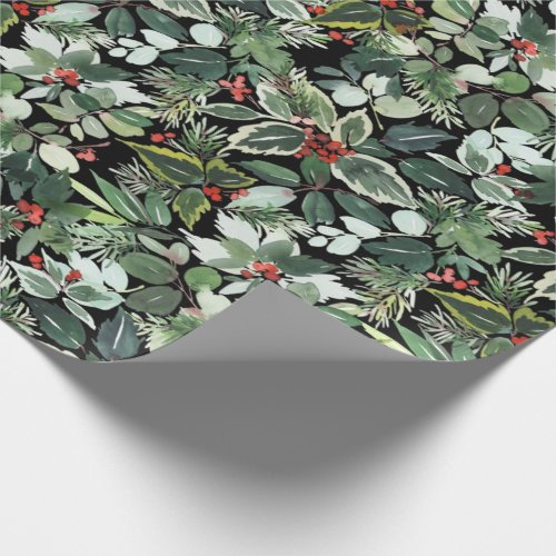 Christmas Watercolor Holly Berries Branch Holiday Wrapping Paper