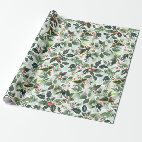 Christmas Watercolor Holly Berries Branch Holiday Wrapping Paper