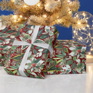 Christmas Watercolor Holly Berries Branch Holiday Wrapping Paper