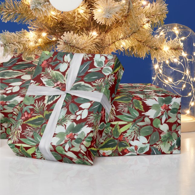 Christmas Watercolor Holly Berries Branch Holiday Wrapping Paper (Holidays)