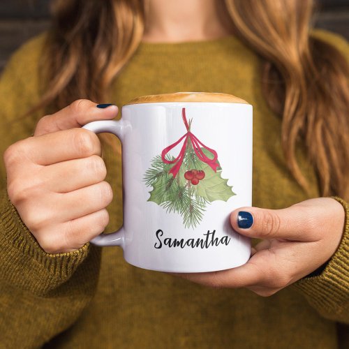 Christmas Watercolor Holly Berries Greenery Script Coffee Mug