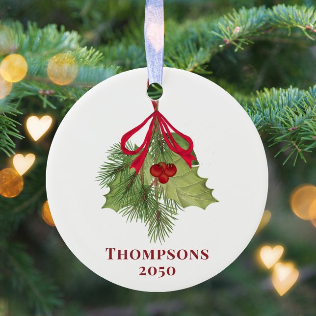 Christmas Watercolor Holly Berries Greenery Simple Ceramic Ornament (Christmas photo elegant holiday holly greenery and foliage ornament. )