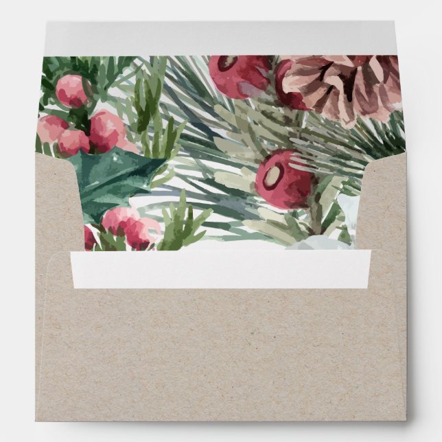 Christmas Watercolor Holly Berries Pine Cone Kraft Envelope (Back (Bottom))