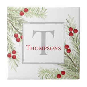 Christmas Watercolor Holly Berries Pine Greenery Ceramic Tile