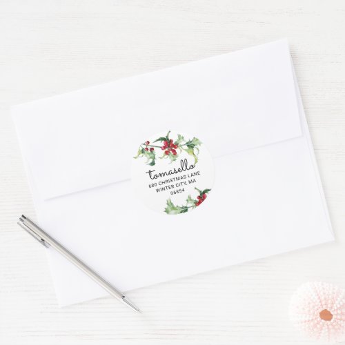 Christmas Watercolor Holly Berries Return Address Classic Round Sticker