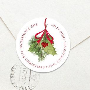 Christmas Watercolor Holly Berries Return Address Classic Round Sticker