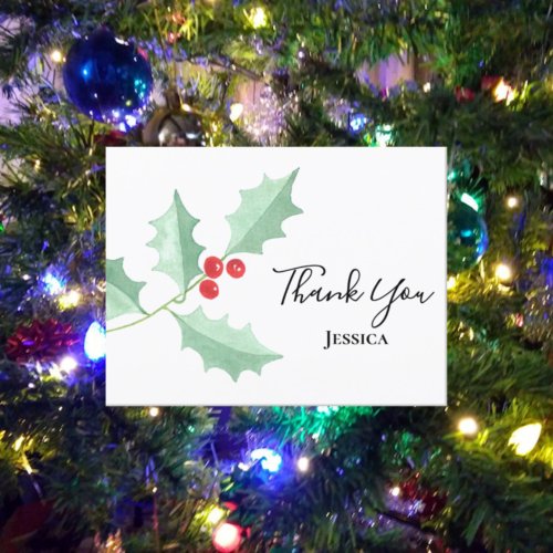 Christmas Watercolor Holly Berries Thank You  Postcard
