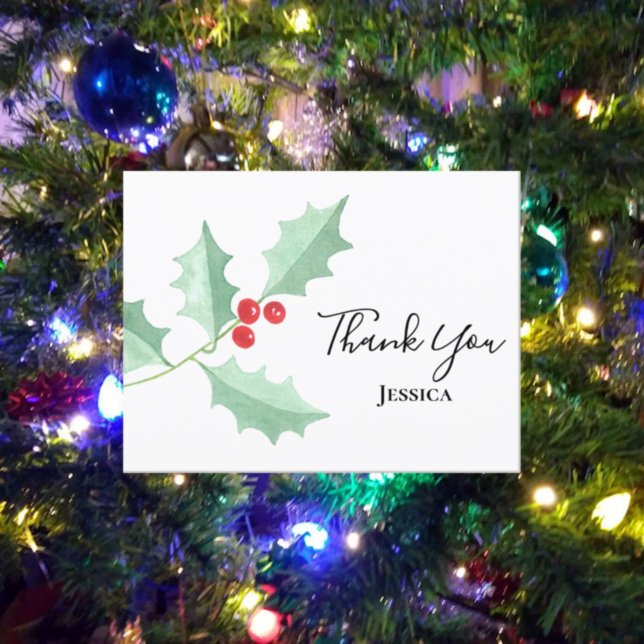Christmas Watercolor Holly Berries Thank You  Postcard (Creator Uploaded)