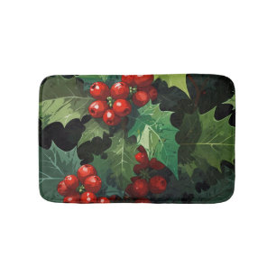 Christmas watercolor Holly berry leaves botanical  Bath Mat