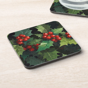 Christmas watercolor Holly berry leaves botanical Beverage Coaster