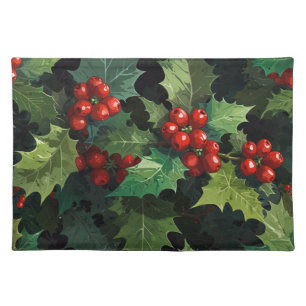 Christmas watercolor Holly berry leaves botanical  Cloth Placemat