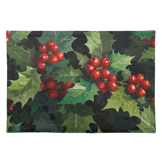 Christmas watercolor Holly berry leaves botanical  Cloth Placemat (Front)
