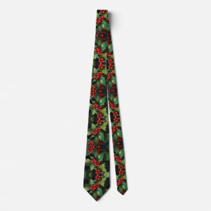 Christmas watercolor Holly berry leaves botanical Neck Tie
