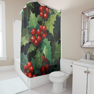 Christmas watercolor Holly berry leaves botanical  Shower Curtain