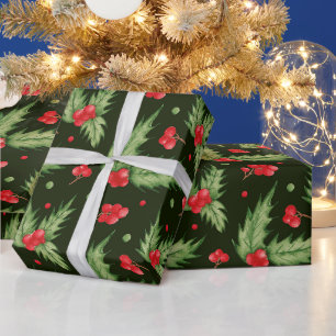 Christmas Watercolor Holly Berry with Leaves Wrapping Paper