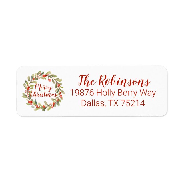 Christmas Watercolor Holly Berry Wreath Label (Front)