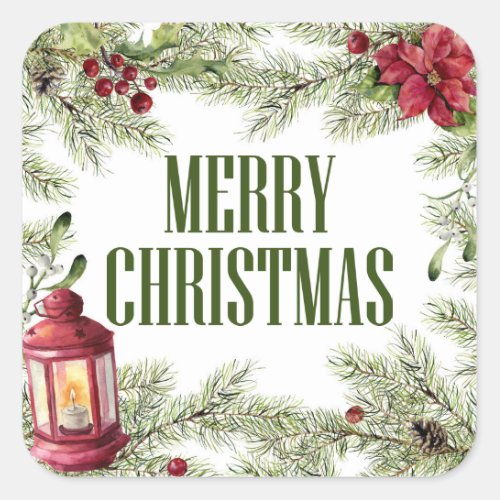 Christmas  Watercolor _ Holly  Candle Frame Square Sticker