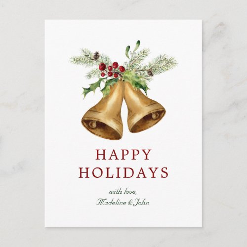 Christmas  Watercolor _ Holly Mistletoe  Bells Holiday Postcard