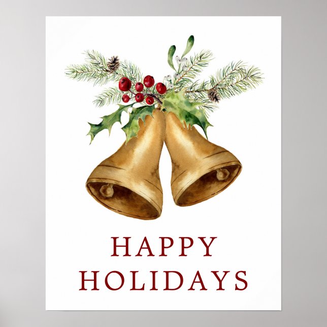 Christmas | Watercolor - Holly Mistletoe & Bells Poster (Front)