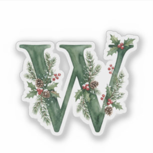 Christmas Watercolor Holly Monogram Letter W Sticker